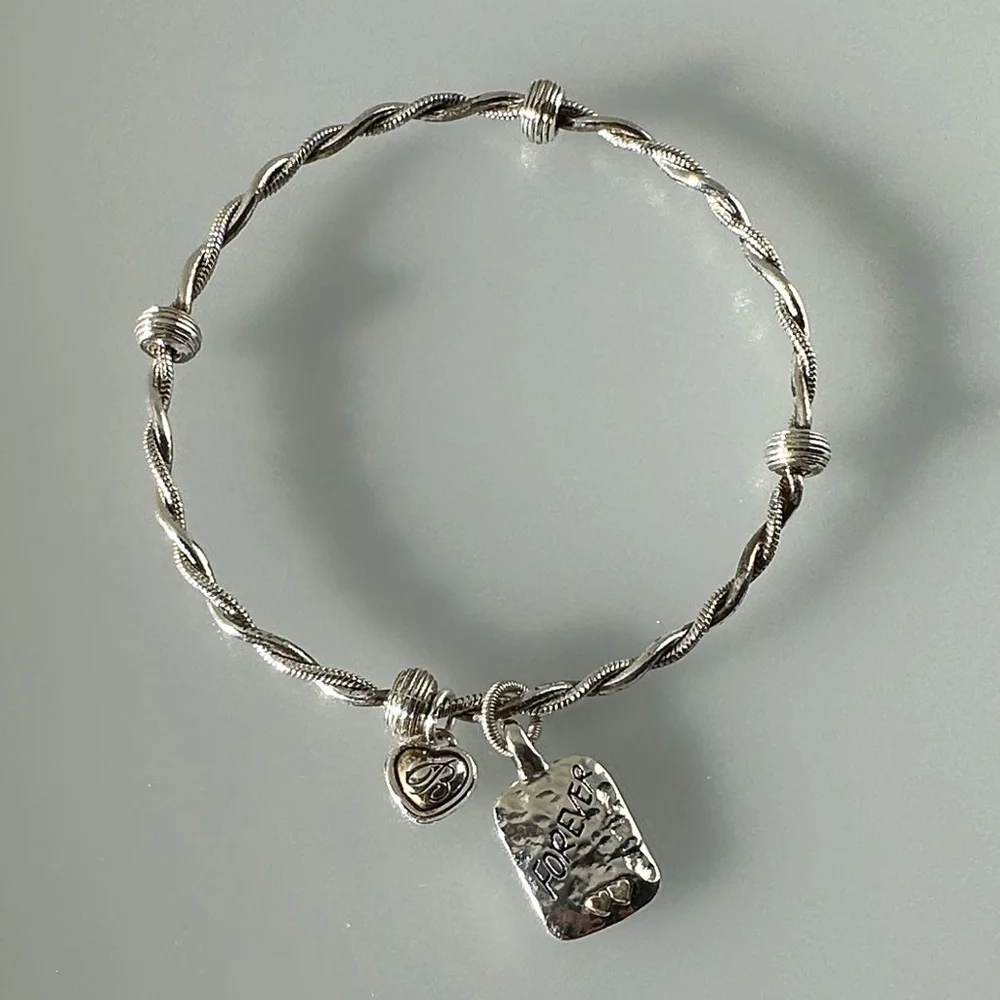 Brighton Silver Twisted Bracelet with Heart and Forever Charms​